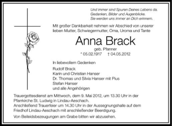 Anzeige von Anna Brack von Schwäbische Zeitung