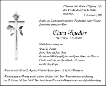 Anzeige von Clara Raedler von Schwäbische Zeitung