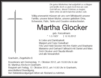 Anzeige von Martha Glocker von Schwäbische Zeitung