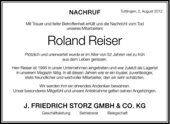 Anzeige von Roland Reiser von Schwäbische Zeitung