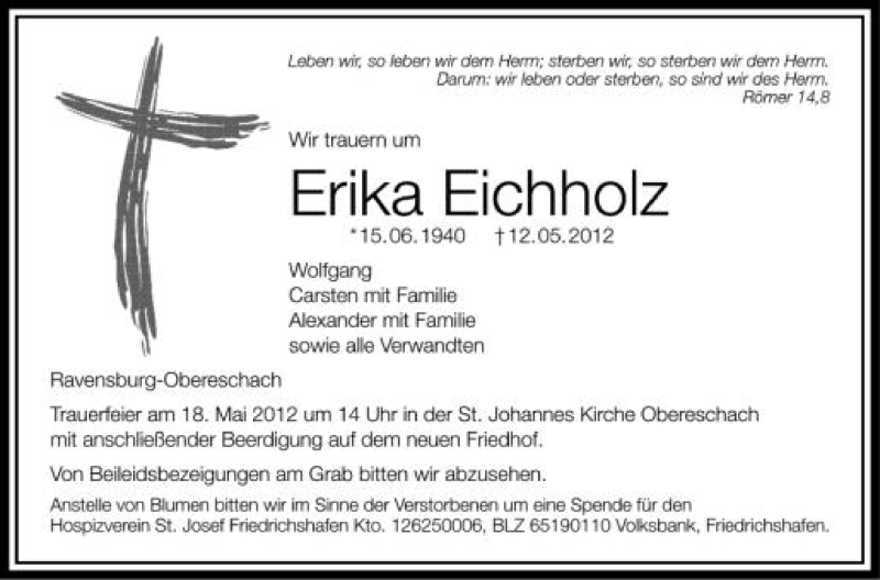  Traueranzeige für Erika Eichholz vom 15.05.2012 aus Schwäbische Zeitung