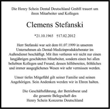 Anzeige von Clemens Stefanski von Schwäbische Zeitung