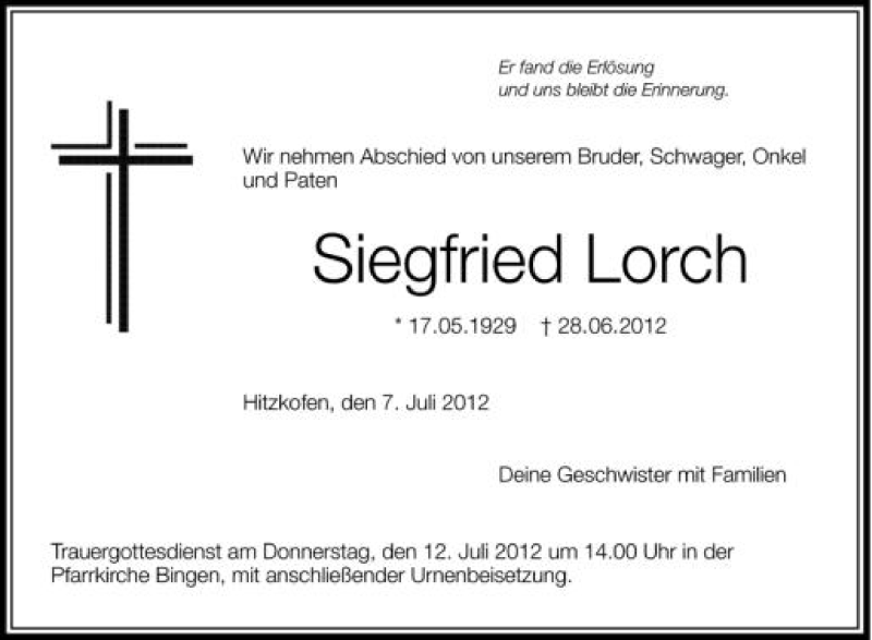  Traueranzeige für Siegfried Lorch vom 07.07.2012 aus Schwäbische Zeitung