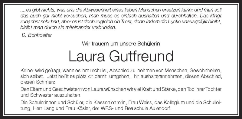  Traueranzeige für laura Gutfreund vom 15.09.2012 aus Schwäbische Zeitung
