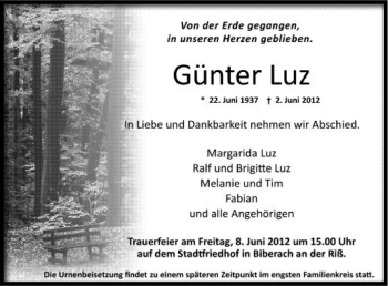 Anzeige von Günter Luz von Schwäbische Zeitung