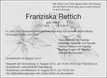 Anzeige von Franziska Rettich von Schwäbische Zeitung