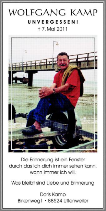 Anzeige von Wolfgang Kamp von Schwäbische Zeitung