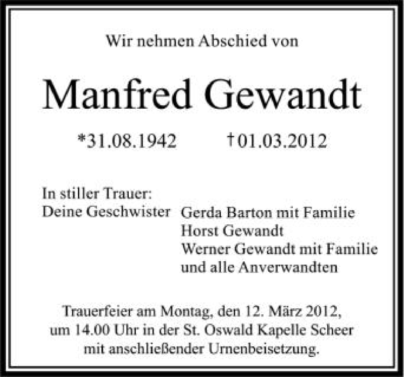  Traueranzeige für Manfred Gewandt vom 09.03.2012 aus Schwäbische Zeitung