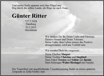 Anzeige von Günter Ritter von Schwäbische Zeitung