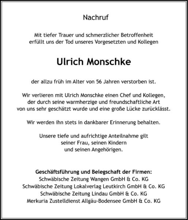  Traueranzeige für Ulrich Monschke vom 09.08.2012 aus Schwäbische Zeitung