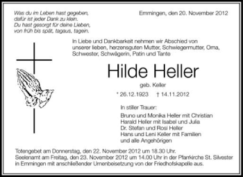 Anzeige von Hilde Heller von Schwäbische Zeitung