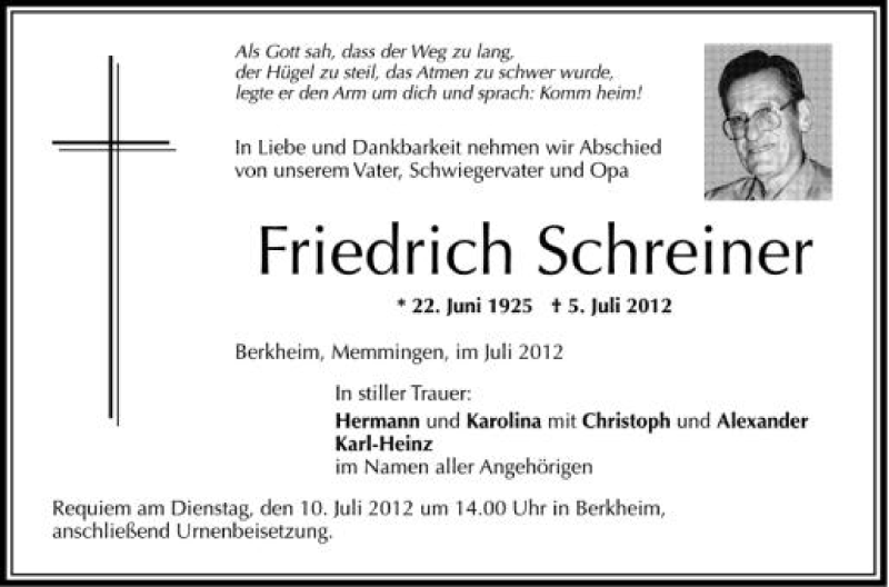 Traueranzeige für Friedrich Schreiner vom 07.07.2012 aus Schwäbische Zeitung