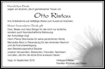 Anzeige von Otto Ristau von Schwäbische Zeitung