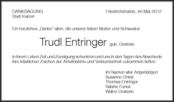 Anzeige von Trudl Entringer von Schwäbische Zeitung