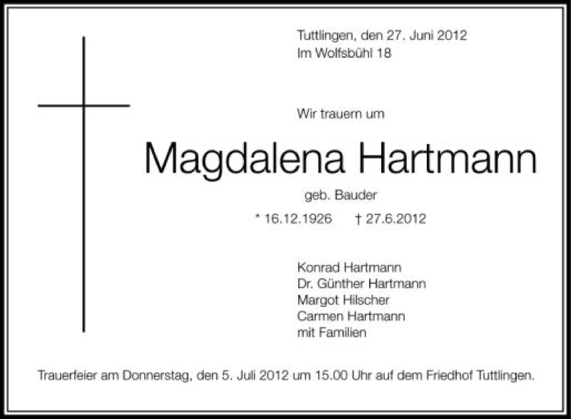  Traueranzeige für Magdalena Hartmann vom 03.07.2012 aus Schwäbische Zeitung