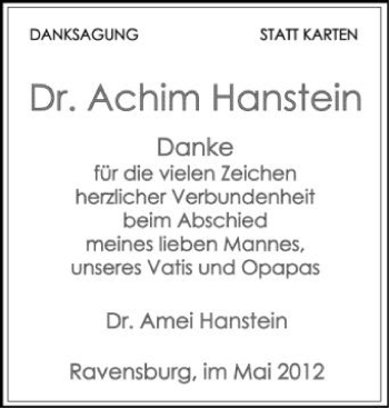 Anzeige von Achim Hanstein von Schwäbische Zeitung