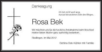 Anzeige von Rosa Bek von Schwäbische Zeitung