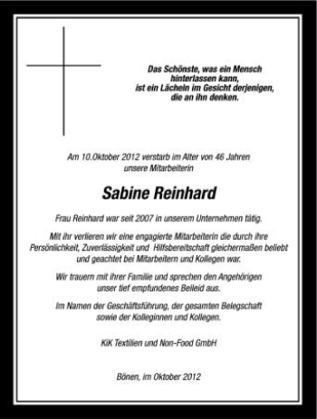 Anzeige von Sabine Reinhard von Schwäbische Zeitung