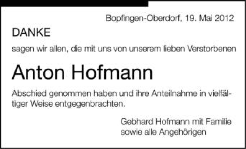  Traueranzeige für Anton Hofmann vom 19.05.2012 aus Schwäbische Zeitung