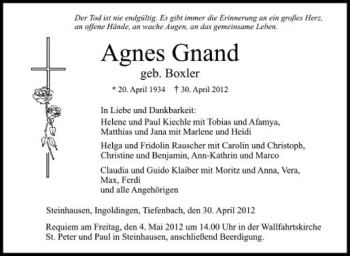 Anzeige von Agnes Gnand von Schwäbische Zeitung