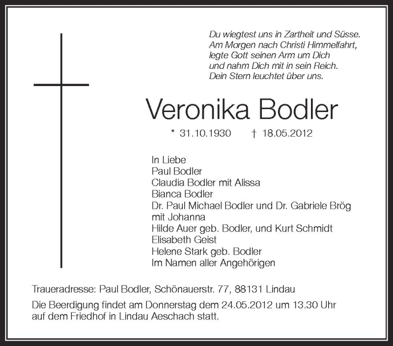 Traueranzeige für Veronika Bodler vom 22.05.2012 aus Schwäbische Zeitung