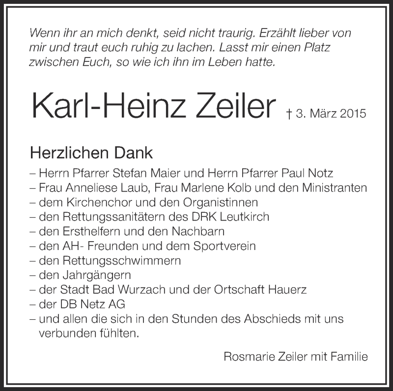  Traueranzeige für Karl-Heinz Zeiler vom 18.03.2015 aus Schwäbische Zeitung