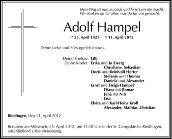 Anzeige von Adolf Hampel von Schwäbische Zeitung