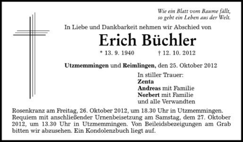  Traueranzeige für Erich Büchler vom 25.10.2012 aus Schwäbische Zeitung