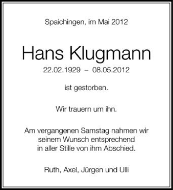 Anzeige von Hans Klugmann von Schwäbische Zeitung