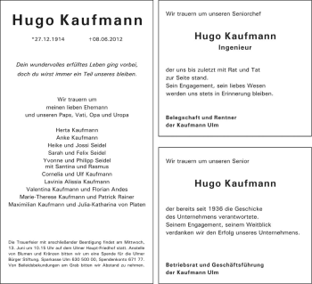 Anzeige von Hugo Kaufmann von Schwäbische Zeitung