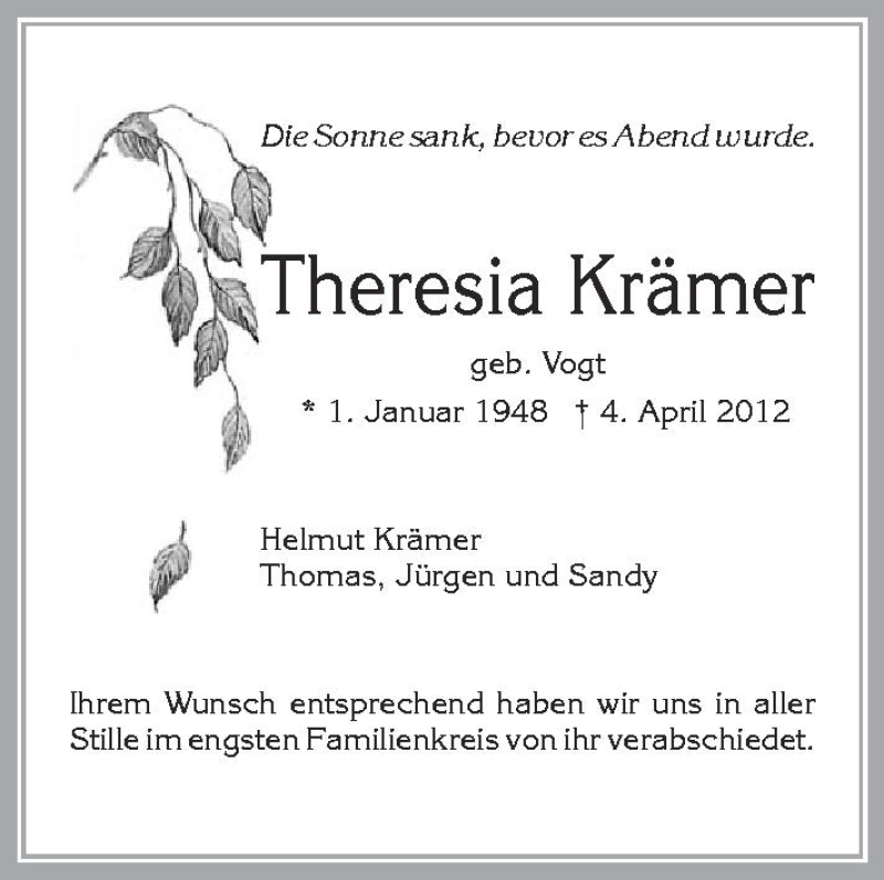  Traueranzeige für Theresia Krämer vom 08.05.2012 aus Schwäbische Zeitung