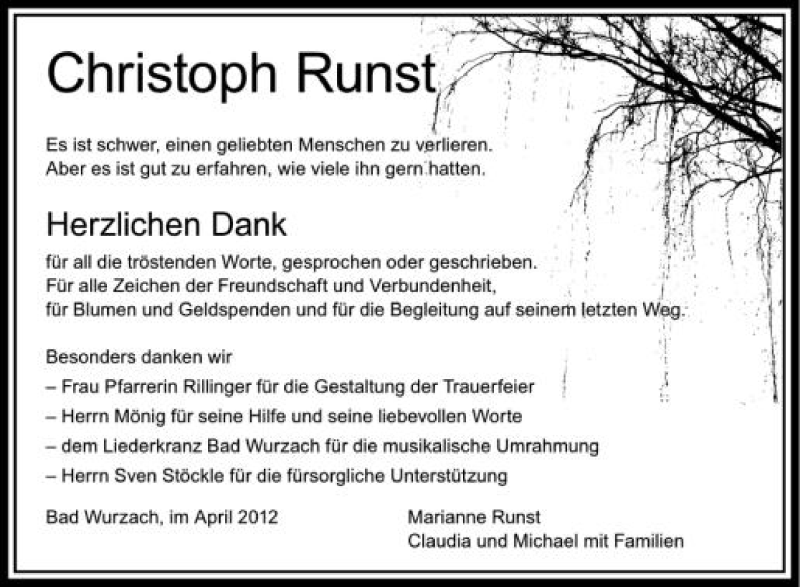  Traueranzeige für Christoph Runst vom 14.04.2012 aus Schwäbische Zeitung