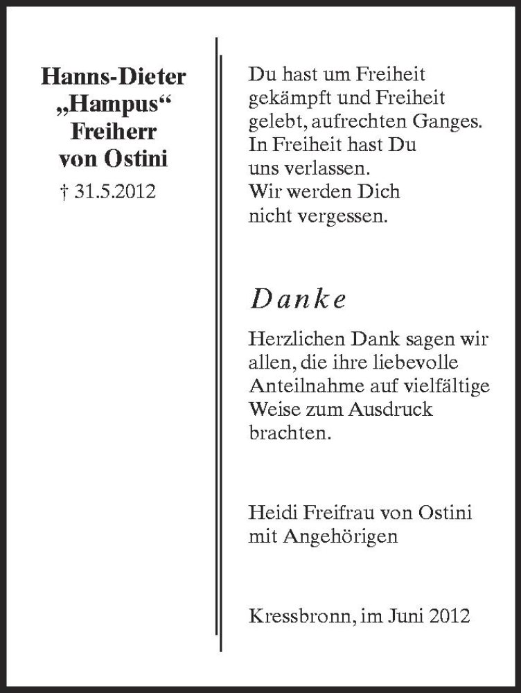  Traueranzeige für Hans-Dieter Freiherr von Ostini vom 09.06.2012 aus Schwäbische Zeitung