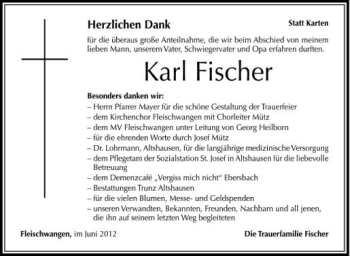 Anzeige von Karl Fischer von Schwäbische Zeitung