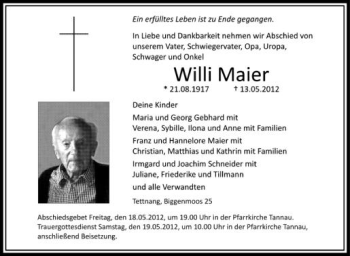 Anzeige von Willi Maier von Schwäbische Zeitung