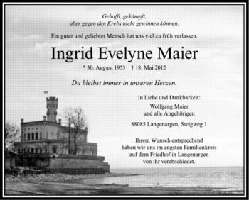 Anzeige von Ingrid Evelyne Maier von Schwäbische Zeitung