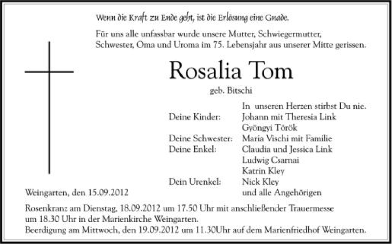  Traueranzeige für Rosalia Tom vom 18.09.2012 aus Schwäbische Zeitung