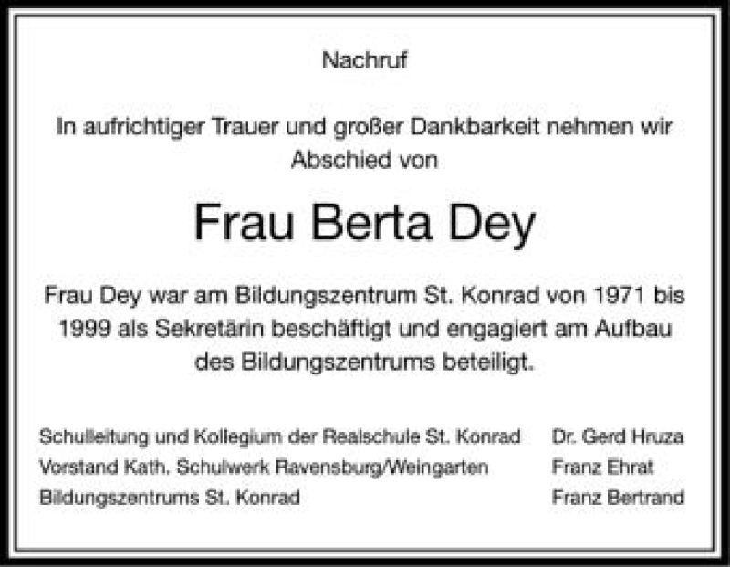  Traueranzeige für Berta Dey vom 23.08.2012 aus Schwäbische Zeitung