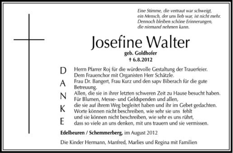  Traueranzeige für Josefine Walter vom 23.08.2012 aus Schwäbische Zeitung
