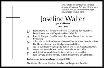 Anzeige von Josefine Walter von Schwäbische Zeitung