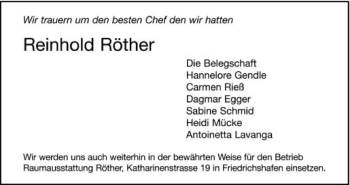 Anzeige von Reinhold Röther von Schwäbische Zeitung