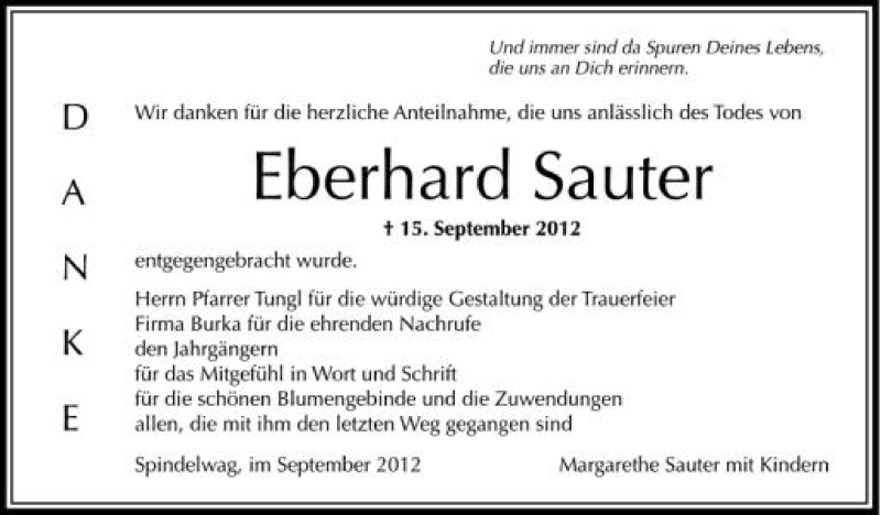  Traueranzeige für Eberhard Sauter vom 29.09.2012 aus Schwäbische Zeitung