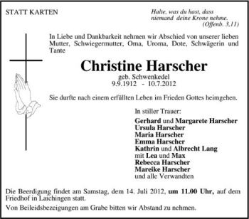 Anzeige von Christine Harscher von Schwäbische Zeitung