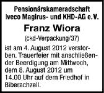 Anzeige von Franz Wiora von Schwäbische Zeitung
