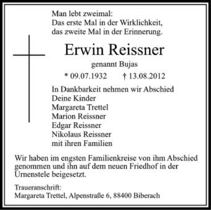  Traueranzeige für Erwin Reissner vom 22.08.2012 aus Schwäbische Zeitung
