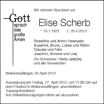 Anzeige von Elise Scherb von Schwäbische Zeitung