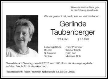 Anzeige von Gerlinde Taubenberger von Schwäbische Zeitung