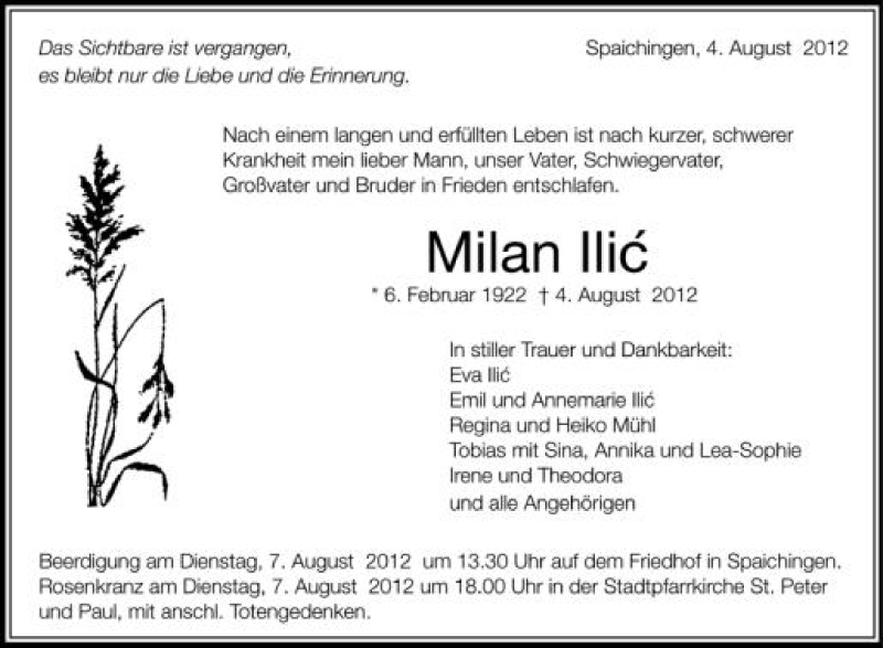  Traueranzeige für Milan Ilic vom 06.08.2012 aus Schwäbische Zeitung