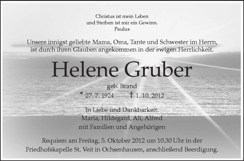  Traueranzeige für Helene Gruber vom 04.10.2012 aus Schwäbische Zeitung