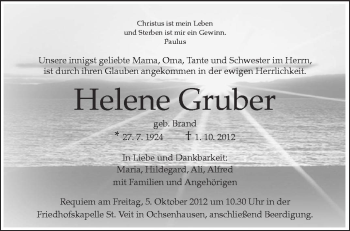 Anzeige von Helene Gruber von Schwäbische Zeitung